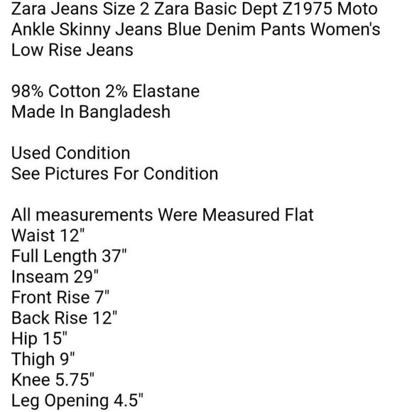 Zara Jeans Size 2 Zara Basic Dept Z1975 Moto Ankle Skinny Jeans Blue Denim Pants - Picture 6 of 6